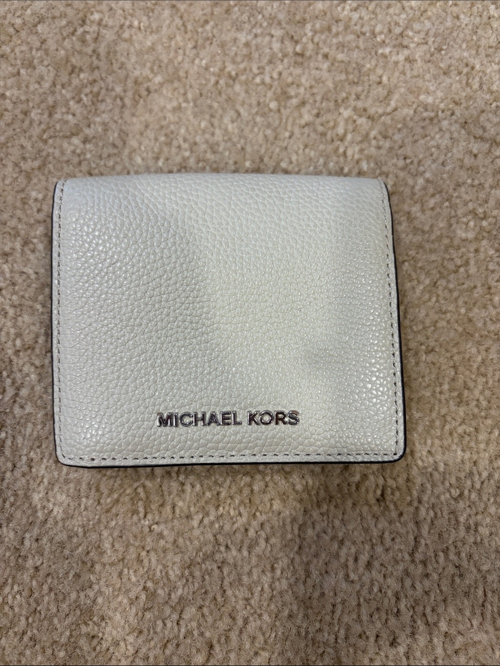 Michael Kors Pebbled Leather Compact Wallet in Off-White with Silver Logo